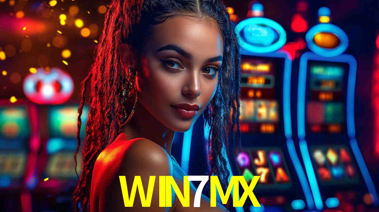 Una escena digital vívida inspirada en casino con WIN7MX mostrado prominentemente, luces brillantes, fichas, cartas y acentos dorados.