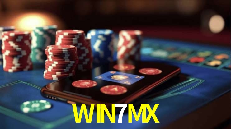 Escena dinámica inspirada en casino con iluminación WIN7MX, cartas, fichas e íconos de juegos digitales en un espacio moderno de juegos.